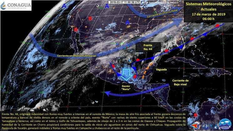 Ocasionará frente frío 44  tormentas en el sureste del país
