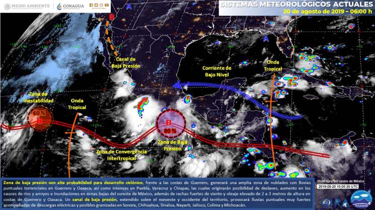 Cielo nublado con lluvias torrenciales en Guerrero y Oaxaca