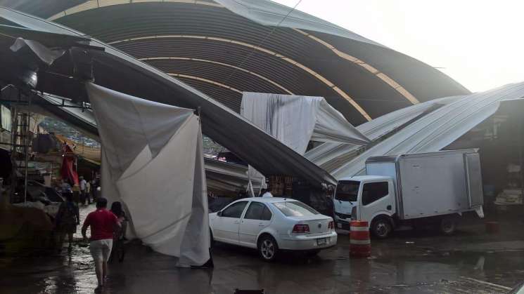 Por lluvia, cae estructura en nave del Mercado de Abasto