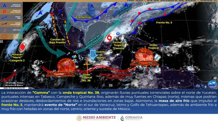 Tormenta gamma y frente frio genera lluvias y norte en Oaxaca