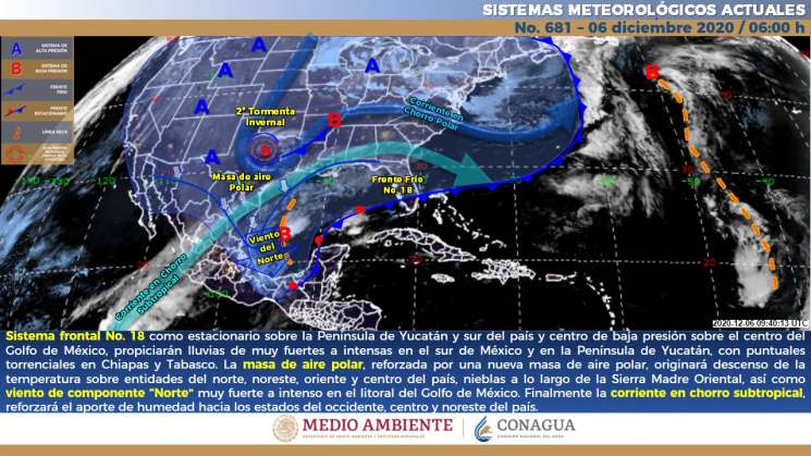 Sistema frontal No.18 causa norte en el istmo y lluvias en Oaxaca