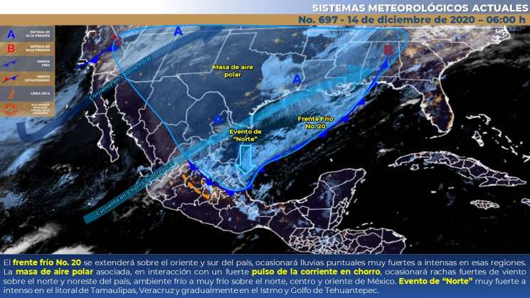 Frente frío No. 20 causara norte en el istmo y lluvias en Oaxaca