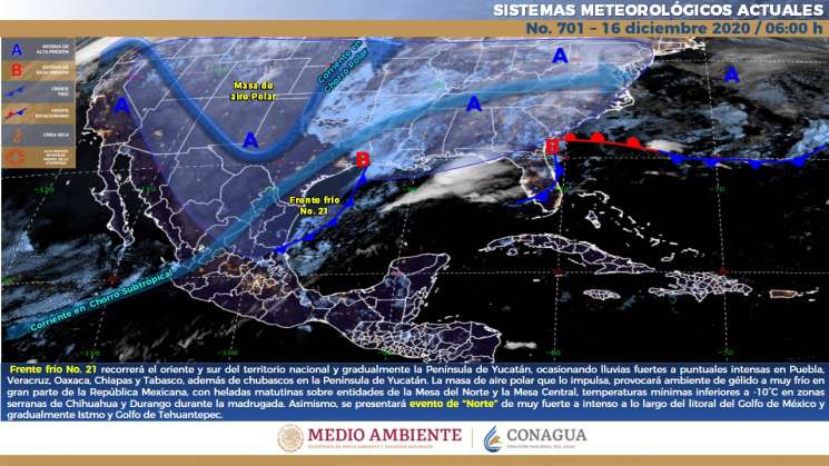 Norte en Istmo, cálido en costa y lluvias parciales en Oaxaca