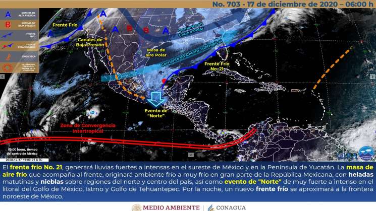 Frente frío causa lluvias en regiones de Oaxaca, norte en Istmo