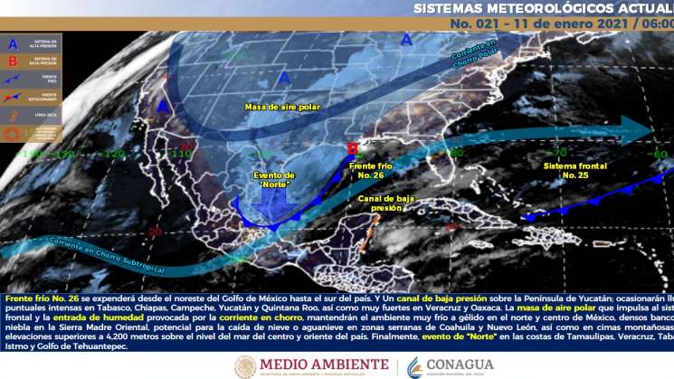 Causa  frente frío No. 26 nublados y lluvias en Oaxaca