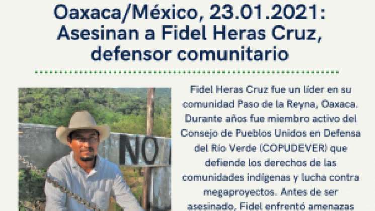  Condenamos el crimen del defensor comunitario Fidel Heras Cruz