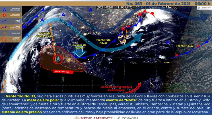 Frente frio 33 causa norte en el Istmo y lluvias en Oaxaca