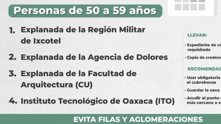 Vacunarán a adultos de 50 a 59 años en Oaxaca  