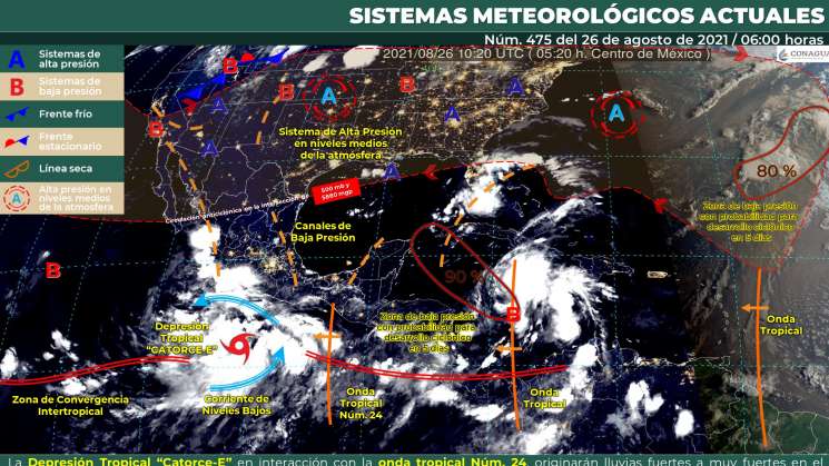 Depresión tropical y onda tropical causan nublados y lluvias