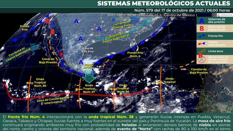 Frente frio y onda tropical causará lluvias y nublados en Oaxaca