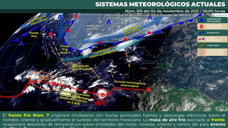 Frente frío No. 7 desciende temperaturas con  lluvias y norte