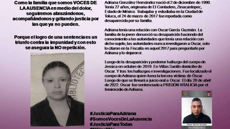 Columna Rota/ Prisión vitalicia a feminicida de Adriana Gonzalez