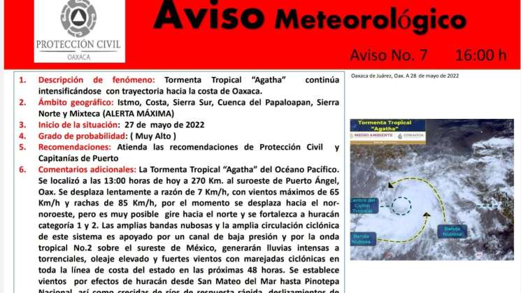 Tormenta Tropical “Agatha” se intensifica en costas de Oaxaca