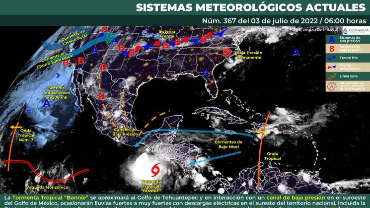 Se aproximan ciclón tropical “Bonnie” al Golfo de Tehuantepec,