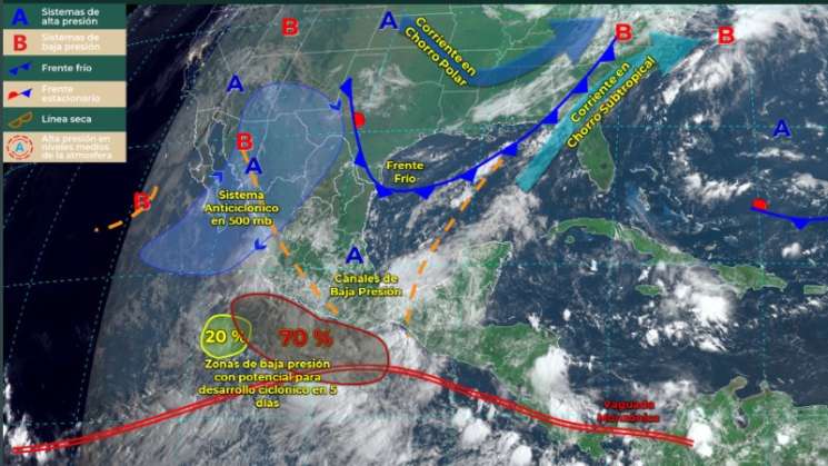 Baja presión y vaguada monzónica favorecen tormentas para Oaxaca