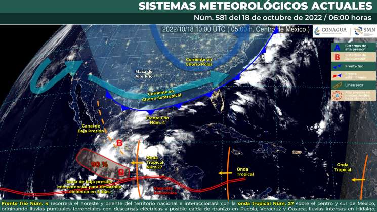 Frente frio 4 y onda tropical 27 causan lluvias en Oaxaca