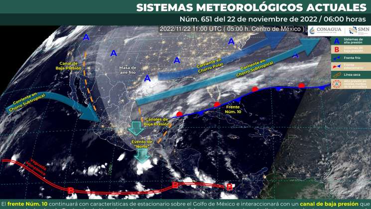 Frente frio10 causa norte en Istmo, lluvias y nublados en Oaxaca