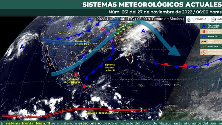 Frente Frío 11 causará lluvias en el oriente y sureste del país