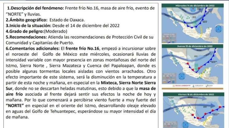 Generará Frente Frío 16 evento de norte y lluvias en Oaxaca