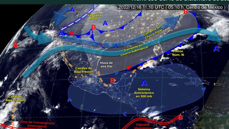 Frente Núm. 16 y canal de baja presión causa frío 6 nublados 
