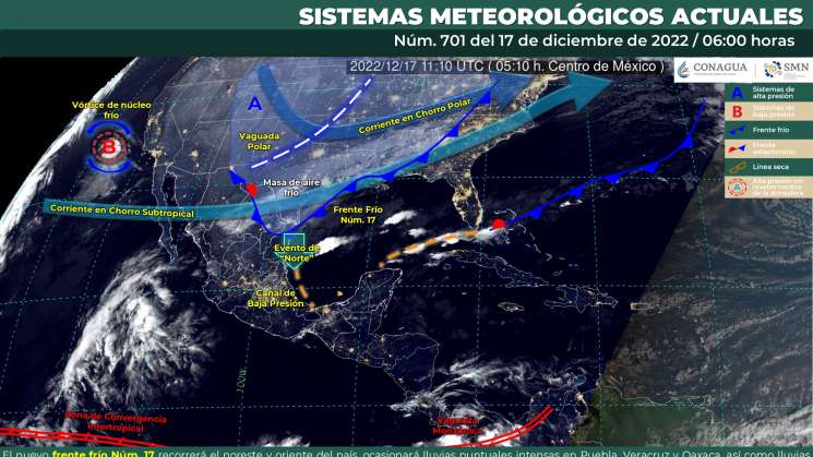 Frente frío 17 causará lluvias puntuales en Oaxaca