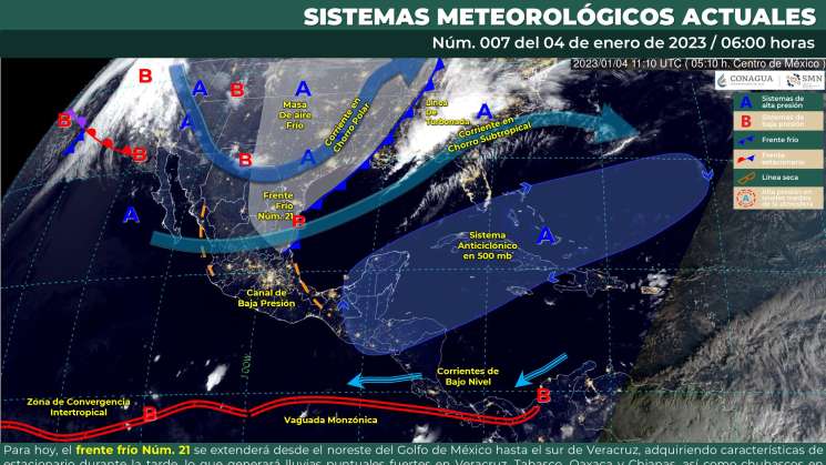 Frente frío Núm. 21 causaran lluvias en Oaxaca, norte en el Istmo