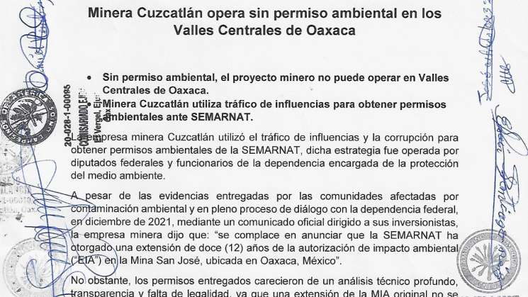 Minera Cuzcatlán opera sin permiso ambiental en Valles Centrales