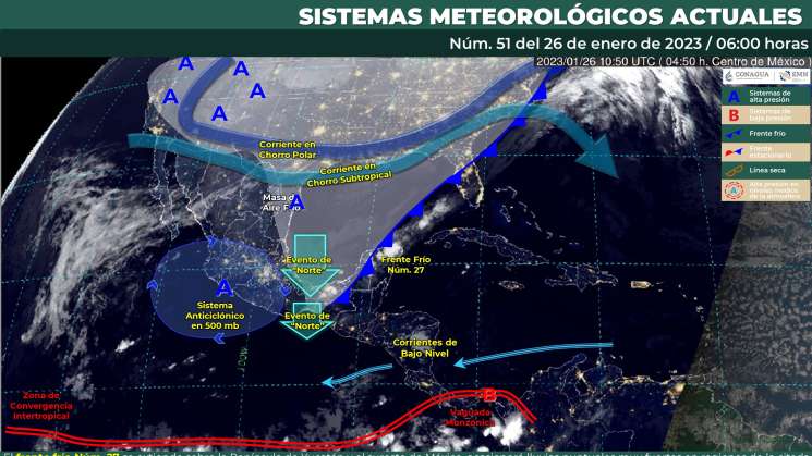 Frente frio 27 causa fuerte norte en istmo, lluvias en Oaxaca