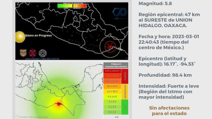 Sin daños en Oaxaca por sismo de 5.8 