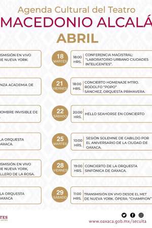 Agenda cultural del teatro Macedonio Alcalá de Abril