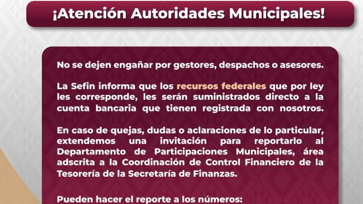 Alerta Sefin a autoridades municipales por falsos gestores