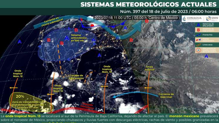 Lluvias ligeras vespertinas en Oaxaca; onda tropical 13 se aleja