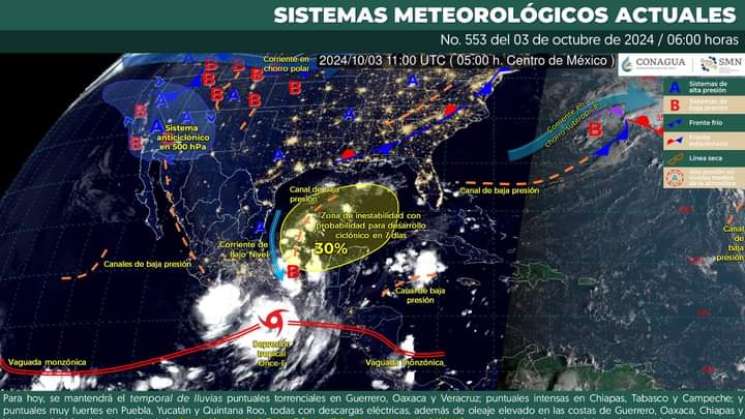 Se prevé evolución de Depresión Tropical Once-E a Tormentas