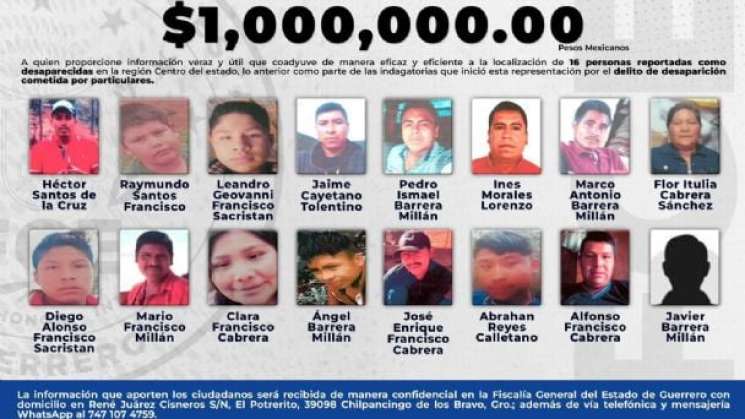 Ofrecen 1 mdp por información de 15 desaparecidos en Guerrero 