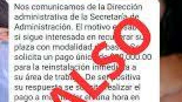 Desmiente Secretaría de Administración cobros a reinstalados 